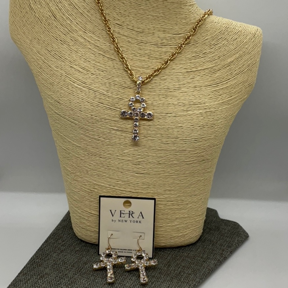 Vera by New York Egyptian Cross Pendant Necklace & Earrings